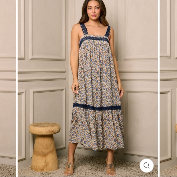 New! Coachella Hippie Navy Lace Accent Boho Maxi Tank Dress With Pockets 🪴 - Picture 2 of 5